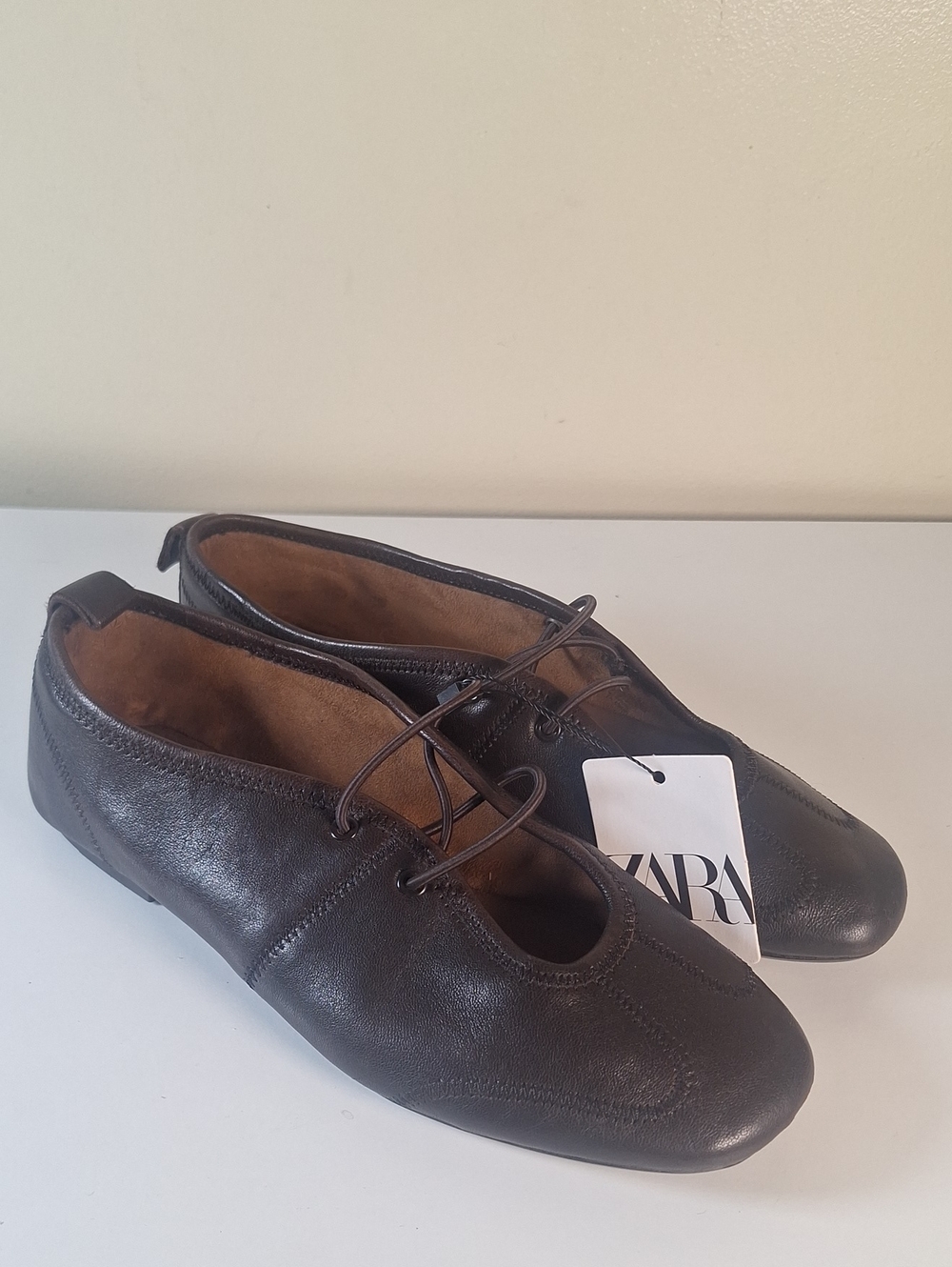 Zara Lace Up Chocolate Brown Leather Ballet Flats Size EU 38 NWOT